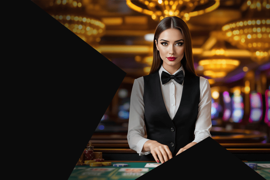 Professional female casino dealer in bow tie standing at a baccarat table with chips and golden chandelier interior – baccarat rules and how to play