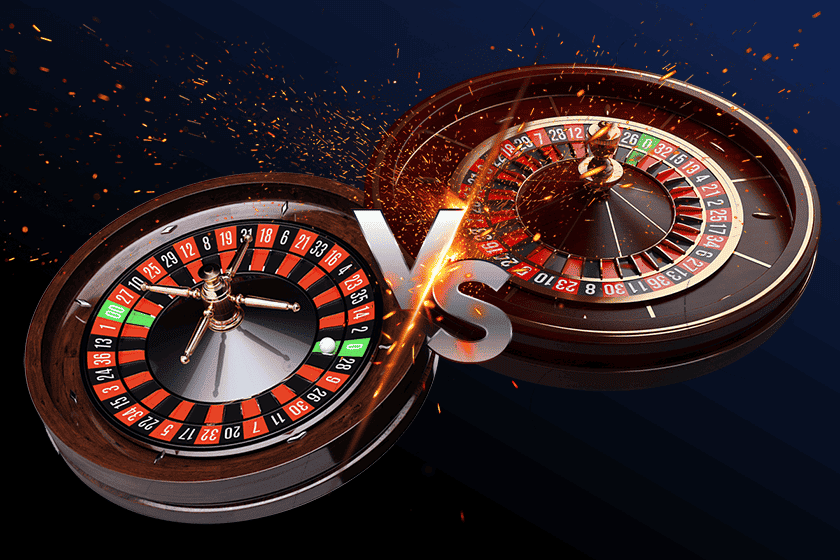 Two roulette wheels clashing head-on with VS text and flying sparks – European vs American roulette key differences comparison