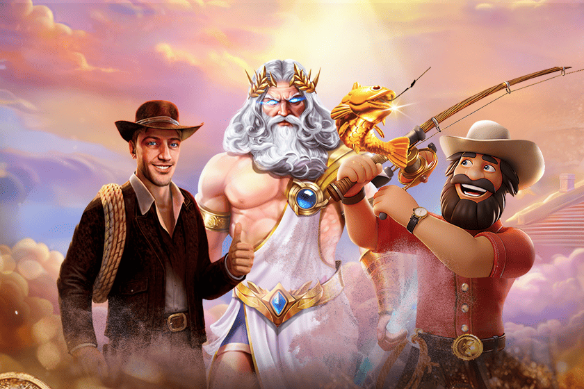 Popular online slot game characters including a cowboy, Zeus on horseback, and gold prospector against a cloudy sky – top online slots popular games and key features