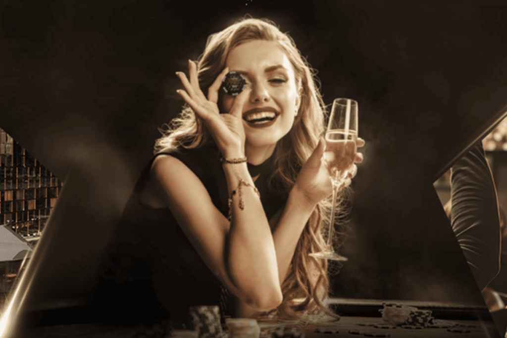 Glamorous woman holding a casino chip up to her eye and raising a champagne glass at a casino table with golden bokeh – Olympic Entertainment Group premium casino experience in Europe