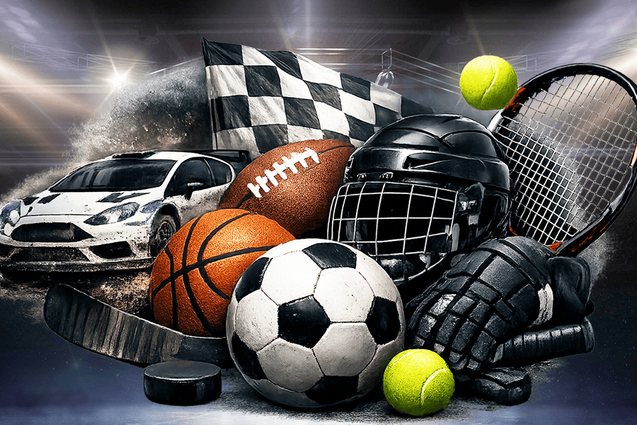 Multi-sport collage featuring a soccer ball, basketball, hockey helmet, tennis racket, racing car, and football – what is outright betting across different sports
