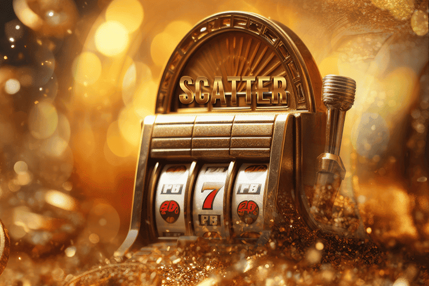 Golden slot machine showing triple 7s with glowing scatter symbol text and coins – how scatter symbols trigger bonus features in online slots