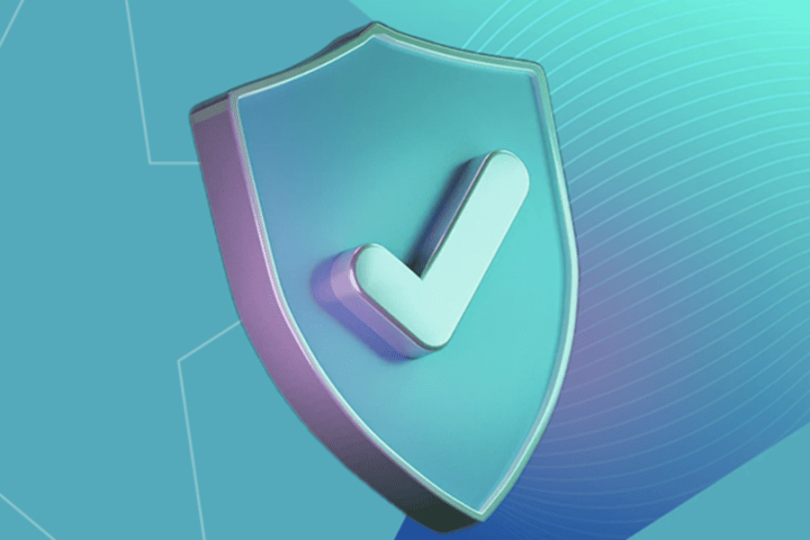 3D teal and purple shield with a checkmark on an abstract geometric teal background – responsible gambling safe practices and player protection