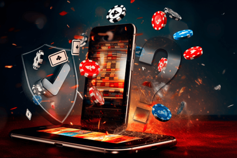 Casino chips and playing cards exploding from a flaming smartphone with a security shield and a question mark – is it safe to play at an online casino explained